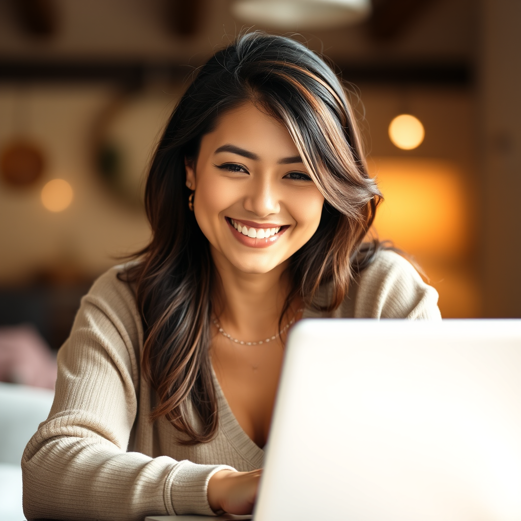 Smiling woman working on laptop